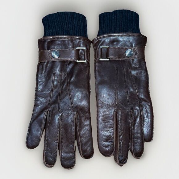 Coach Brown Leather Gloves Mens Size Small Wool Cashmere - Picture 1 of 7